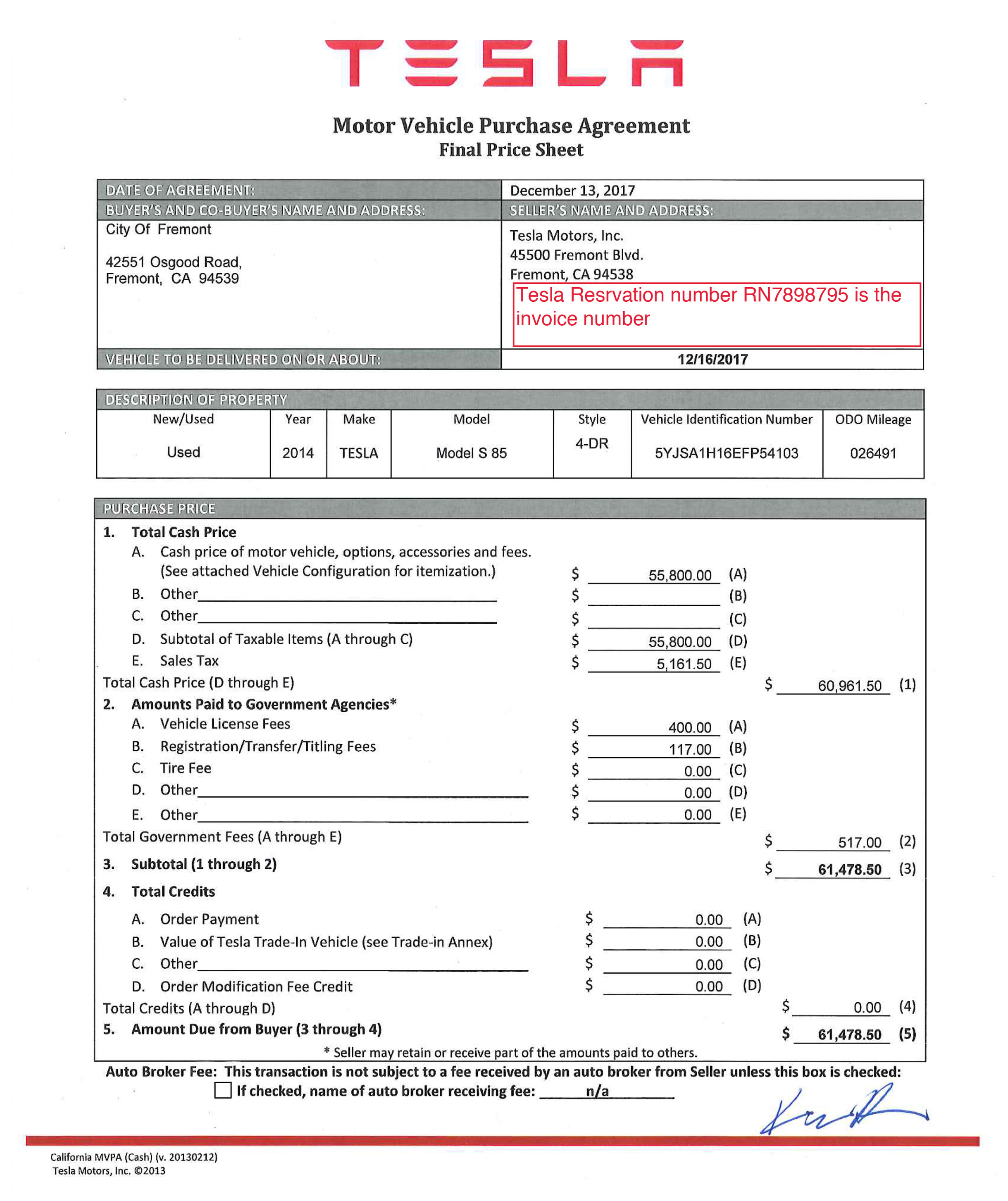 Tesla police car squad car purchase order receipt